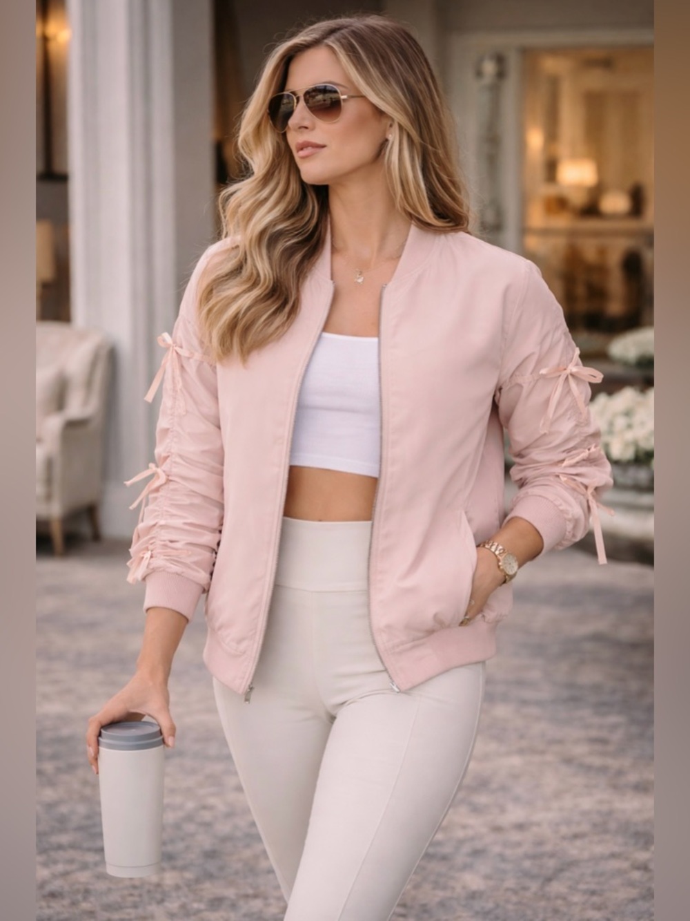 ELLISON BALLET PINK BOMBER JACKET BOW SLEEVE RUCHED FEMININE SIZE L